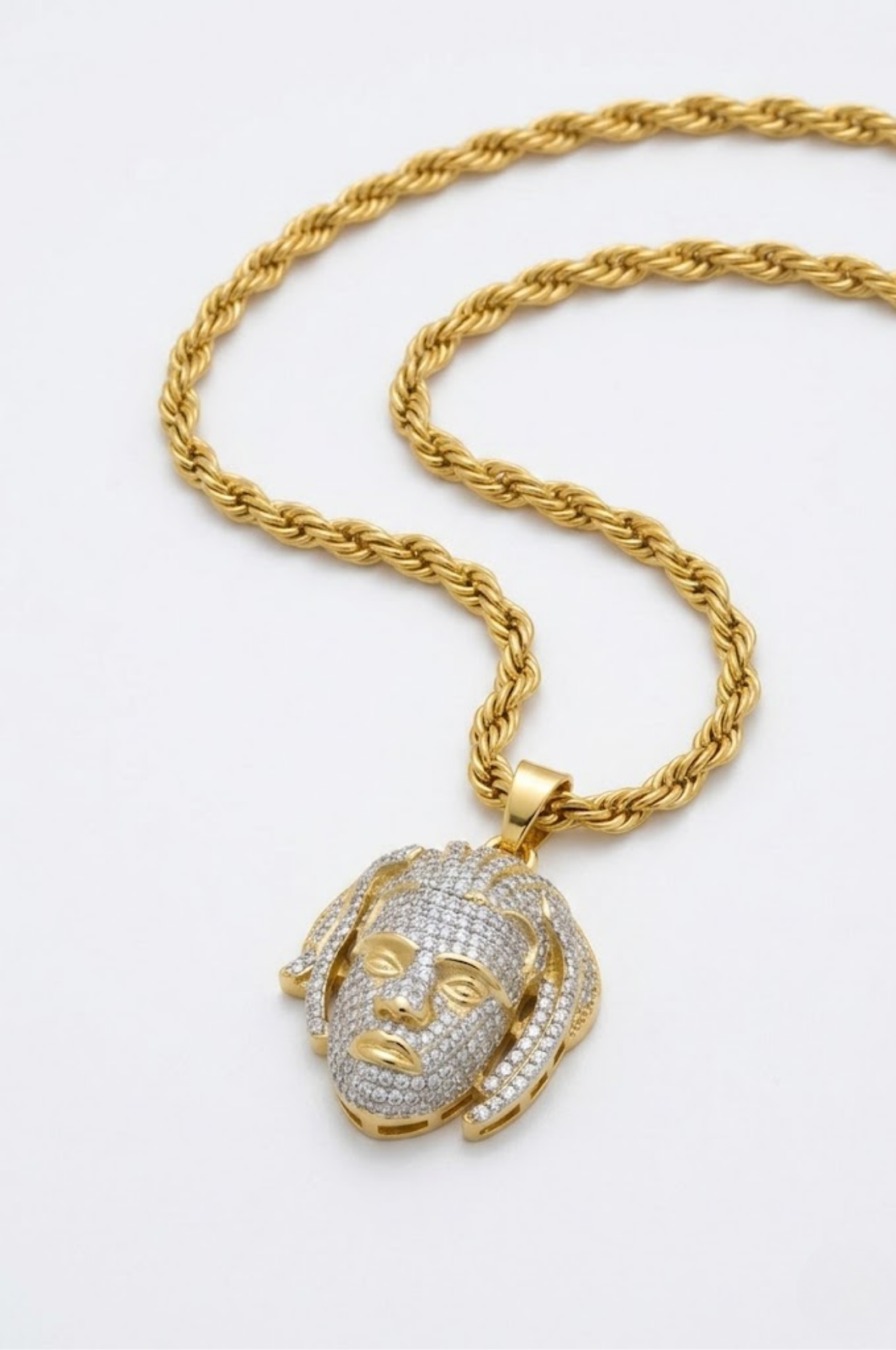 18K Gold Filled Micro-Pavé Dreadlocks Face Pendant Necklace – Iced Out 3D Figure CZ Rope Chain Necklace for Men & Women